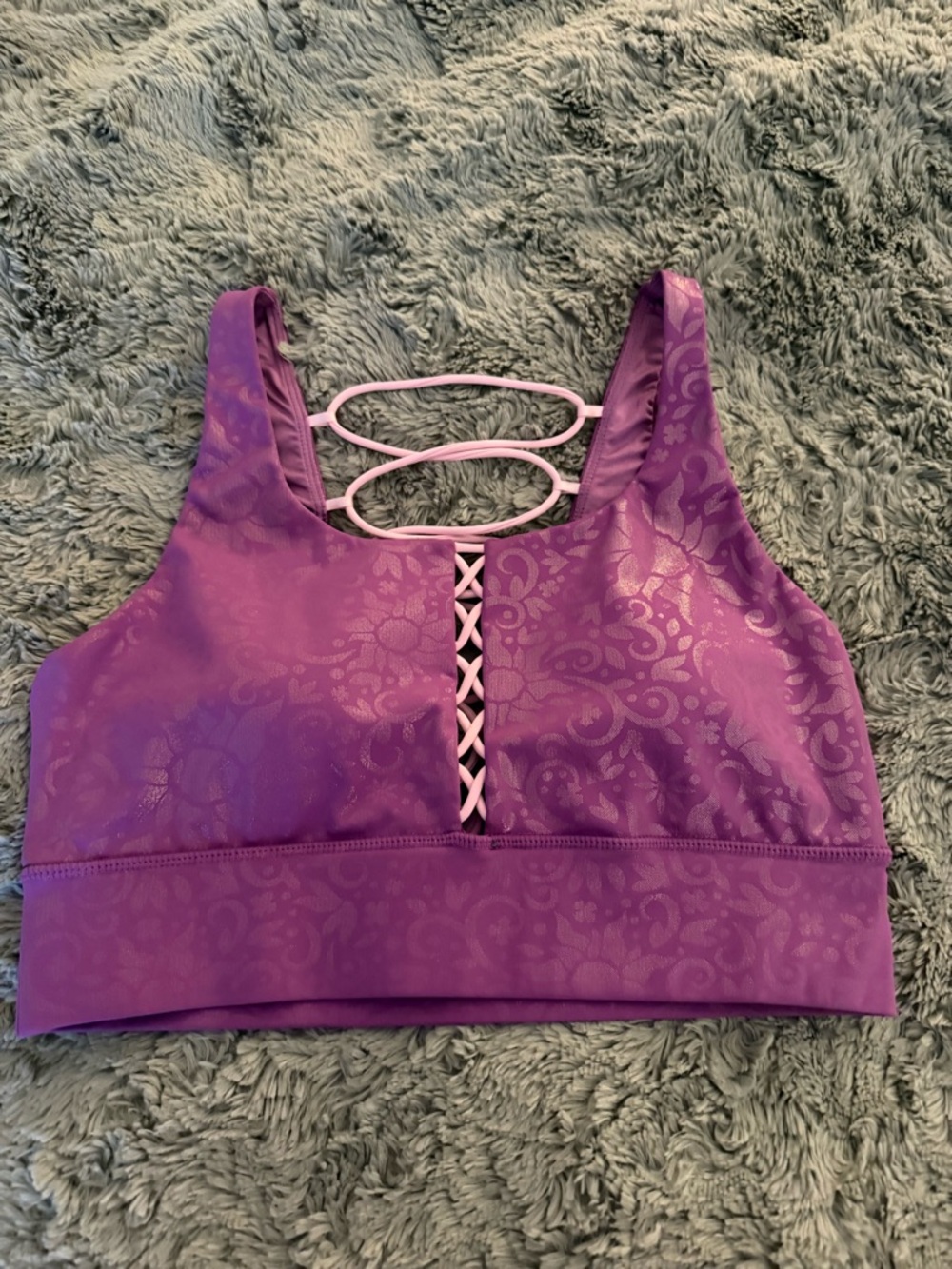 Crowned Athletics Women's Purple Sports Bra with Pink Lattice Golden Dreamer